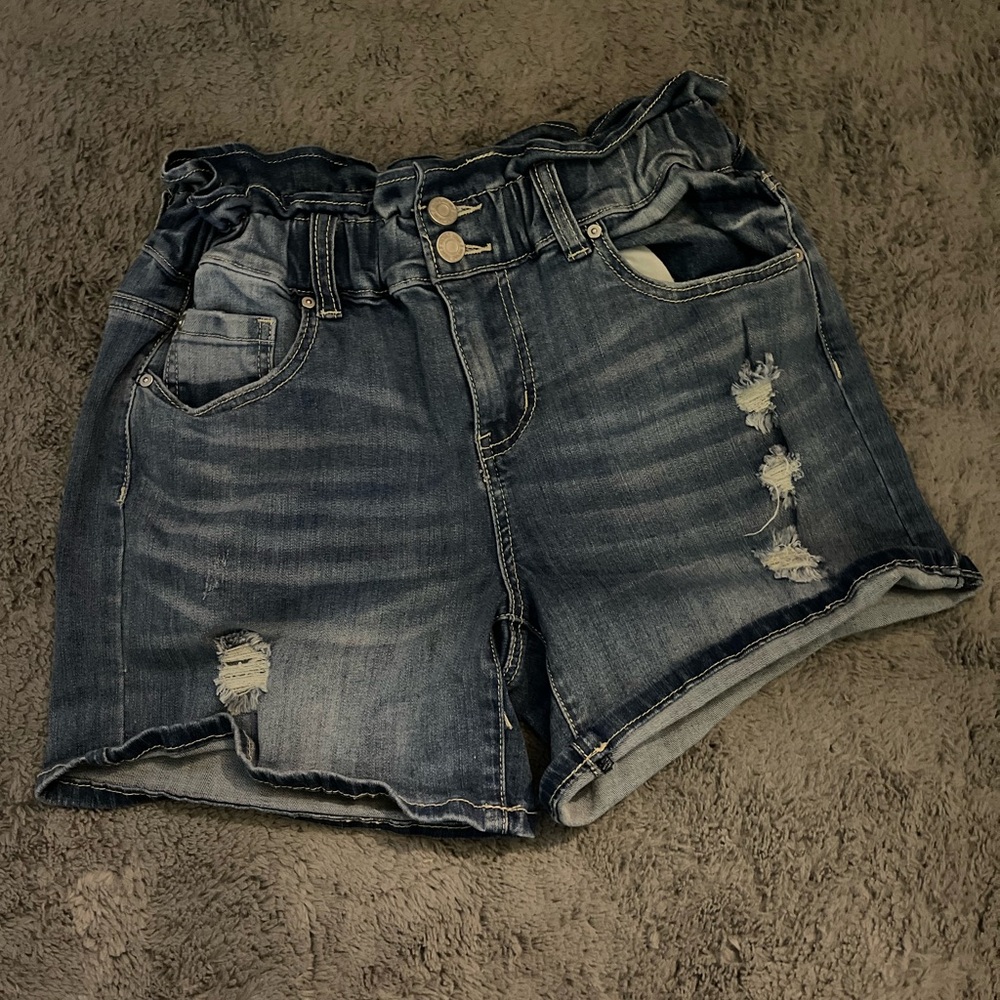 Denim Paperbag Waist Distressed Shorts - Blue